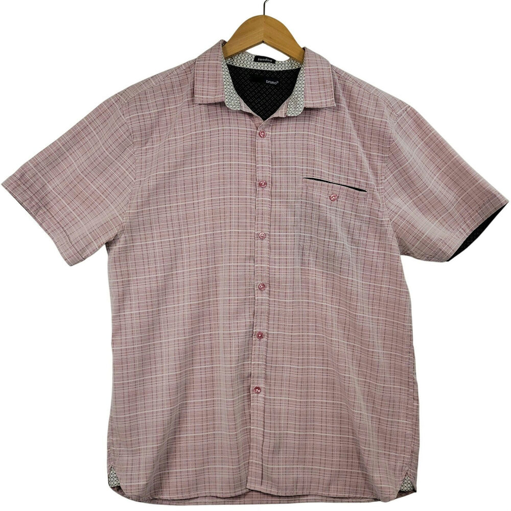 Bruno Sueded Button Down Shirt Mens Large Pink Plaid Short Sleeve - Picture 2 of 8
